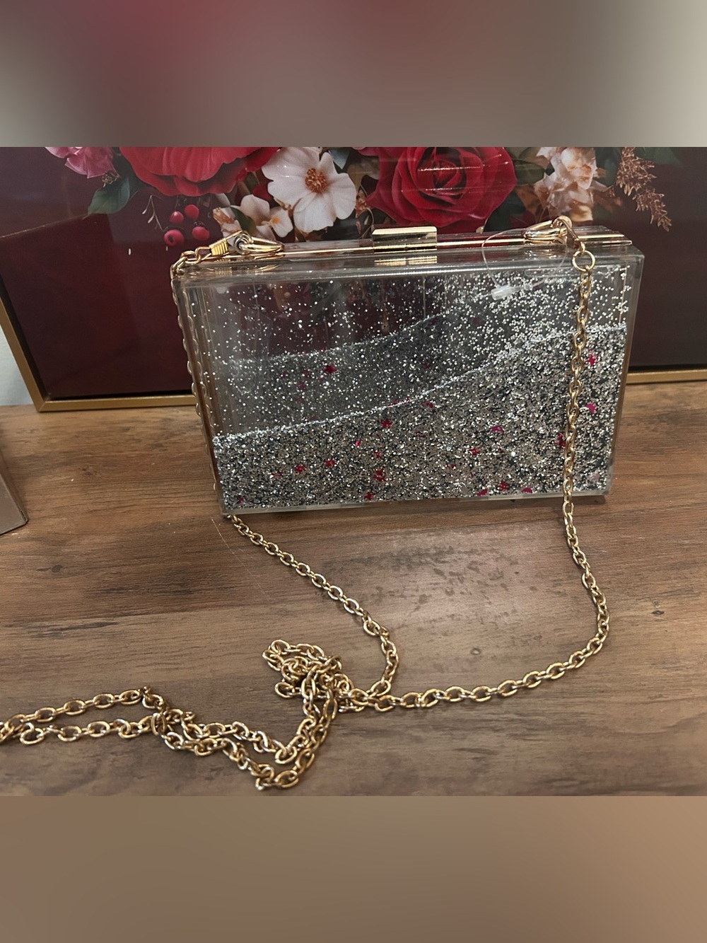Gold Chain Silver Glitter Acrylic Box Clutch with Pink Accents